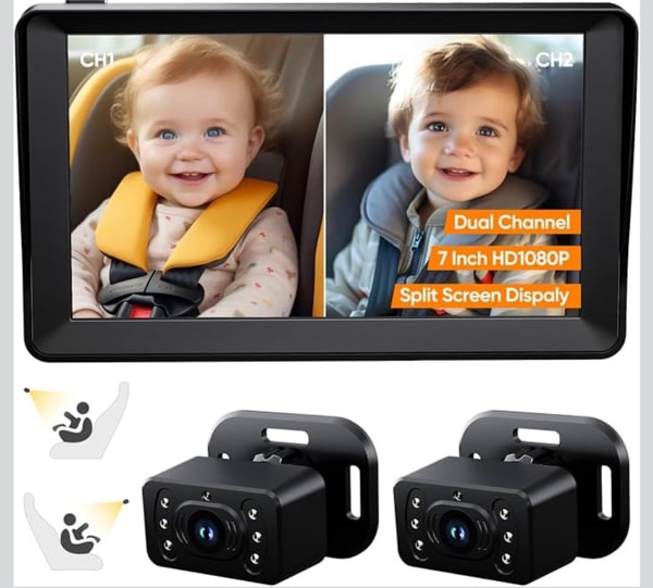 Amazon.com: Kidsneed 7" Split Screen Baby Car Camera for 2 Kids with Dual Seat Cameras | 150° Wide View Lens ,360° Rotation,Easy Install , Rear-Facing Mirror , Night Vision , Safe Driving Baby Monitor for Car : Baby