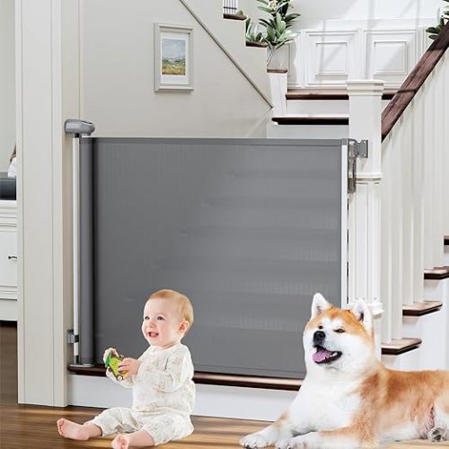 Retractable Baby Gates for Stairs, PRObebi Retractable Dog Gate Indoor Extends to 54" Wide 34" Tall, Child Gates for Doorways, Stair Gate Use for Outdoor, Hallways, Doorways, Deck, Porch - A-black - 34" Tall x 54" Wide
