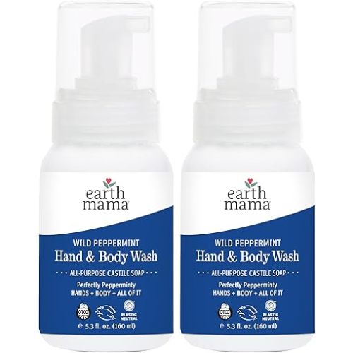 Earth Mama Wild Peppermint Hand & Body Wash | Foaming Castile Soap Liquid and Hand Soap, Made with Organic Wild Mint & Peppermint Oil, 5.3 fl oz (2-Pack)