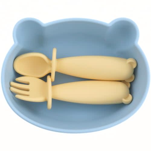 teensy peepsy Bear Silicone Baby Bowl Suction Baby Spoon Baby Fork for Babies 6 months+ Suction Bowls for Baby Utensils 6-12M+ BLW Baby Essentials Newborn Essentials Must Haves (Summer Sky)