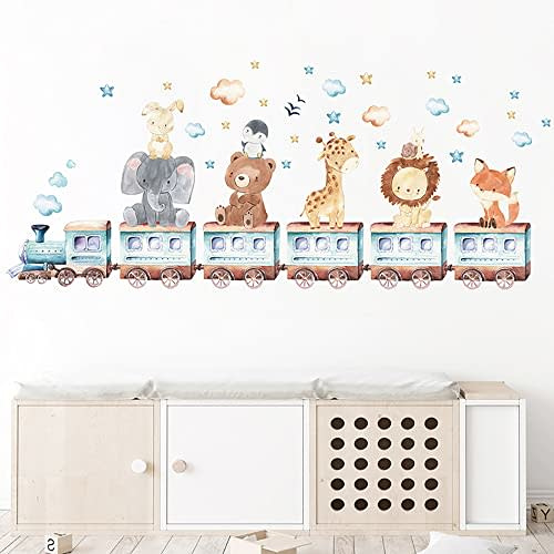 Wall Stickers for Baby Room Cartoon Animal Train Theme Decals Fox Lion Elephant Giraffe Wallpaper Wall Decals for Kids Room Boys Girls Bedroom, Nursery Room Kindergarten Decoration PVC Murals