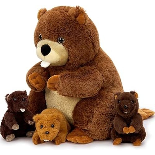 MaoGoLan 4Pcs Beaver Stuffed Animals with Three Babies Inside,17.7" Fluffy Giant Beaver Plush Gift,Funny Beave Plushie Woodland Toys for Kids,Teens,Baby Shower,Christmas