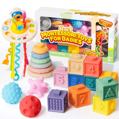 SYNCFUN Montessori Toys for Baby 0-3-6-12 Months, 4-in-1 Food-Grade Sensory Toys, Infant Stacking Circles Teether, Learning Gifts for Baby Girls Boys