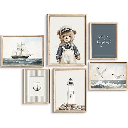 Teddy Bear Nursery Wall Art Baby Boys Room Canvas Poster Vintage Nursery Wall Decor Kids Room Coastal Prints Navy Sailor Bear Pictures Nautical Sailboat Painting Artwork for Bedroom 8x10x6 Inch Unframed