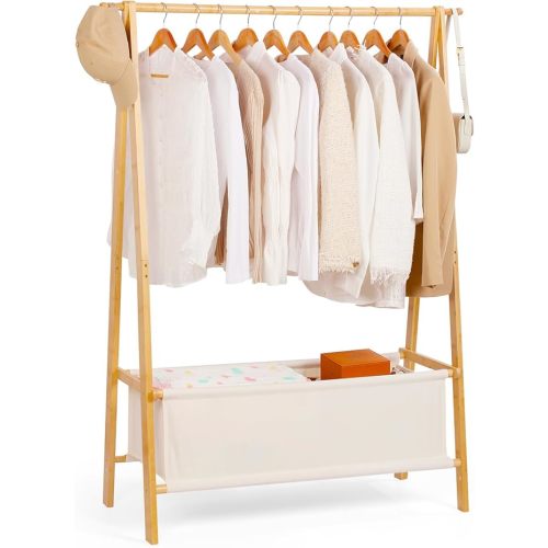 Bamboo Clothes Rack with Storage Box, Portable Extra Large Garment Rack Clothing, Foldable Wardrobe For Entryway and Bed Room (L)