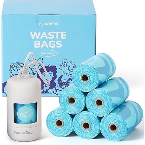 FUKUMARU Compostable Dog Poop Bags, ASTM D6400 Certified 120 Count - Light Ocean Scented, Leak-Proof & Easy-Twist Top with Gary Holder and Dispenser, Waste Bags for Dogs and Cats (8 Rolls)