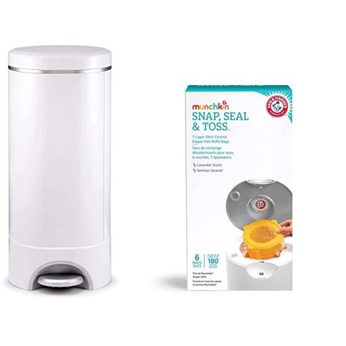 Munchkin Step Diaper Pail Powered by Arm & Hammer & Munchkin Arm & Hammer Diaper Pail Snap with Seal and Toss Refill Bags, 6 Count - Step Diaper Pail + 6 Refills