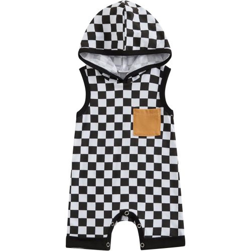 Newborn Boy Checkered Outfit Baby Sleeveless Hooded Romper Jumpsuit Cute Summer Clothes