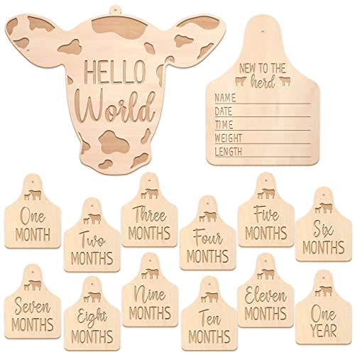 Huray Rayho Cow Baby Monthly Cards Rustic Wooden Herd Cattle Newborn Photography Props to Record Your Baby´s Growth, Gift Set of 14 Reversible Cards for Pregnancy and Baby Shower