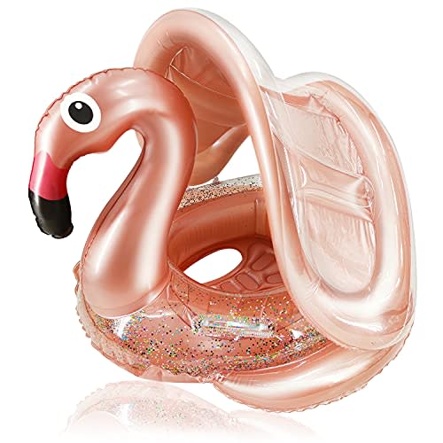 Flamingo Baby Swimming Ring with UPF 50+ Canopy, Glitters, Back Holder & Wings Airbag Never Flip Over, Inflatable Baby Pool Float Sunshade for 8-36 Months Infant Toddler Water Toys Summer Luau Party
