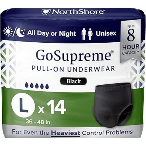 NorthShore GoSupreme Overnight Incontinence Underwear, 8-Hour Pullup Style, Large, 14 Count Bag, Black, 36-48 inches, Unisex Adult Diapers