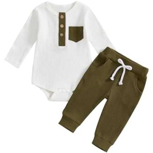 fhutpw Baby Boy Clothes 3 6 12 18 Months Ribbed Knitted Long Sleeve Romper and Pants Sets Newborn Fall Splicing Color Outfits