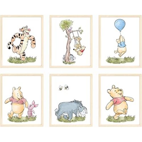 Nistio® Winnie the Pooh Posters, Winnie the PoohKids Wall Art, WoodlandNursery Art Prints for Boys and Girls, Adorable Posters for Baby Room, Unframed Set of 6 (8x10)