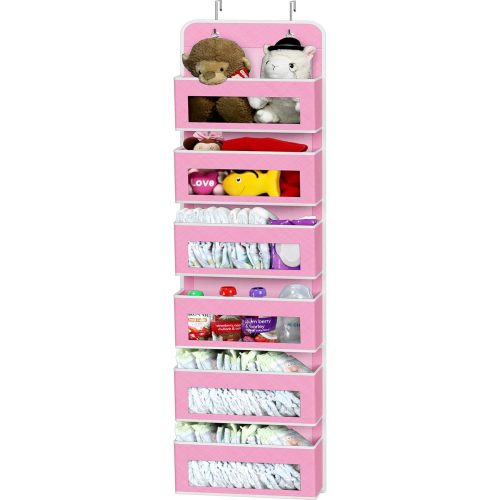 Simple Houseware 6 Clear Window Pocket Over Closet Door Storage Hanging Organizer for Bedroom, Bathroom, Pantry, Pink