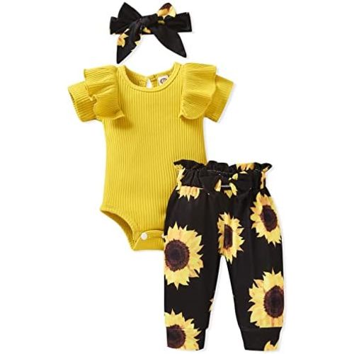 fioukiay Preemie Newborn Baby Girls Clothes Infant Little Kids Romper Bodysuit Pants Headband Clothing Set Summer Outfits