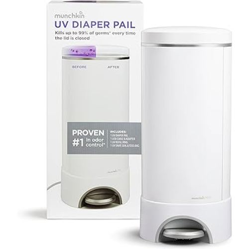 Munchkin LED Diaper Pail - Kills 99% of Germs and Bacteria, Includes UV Refill Ring and Snap, Seal & Toss Bag