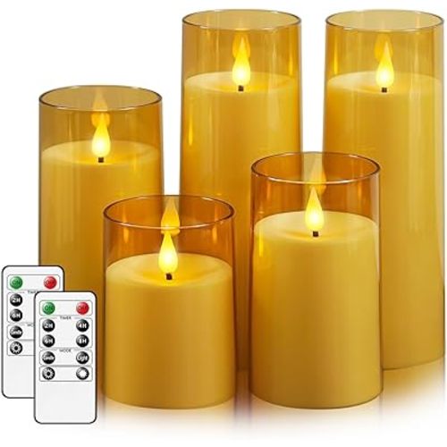 Fo32won Amber LED Flameless Pillar Candles Battery Operated with Remote and Timer, Set of 5 (D 3"×H 4" 5" 6" 8" 8") Decorative Plexiglass Flickering Candles with 3D Flame