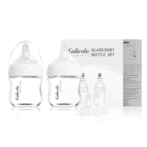 Gulicola Small Glass Baby Bottle for Newborn Breastfeeding Babies, Preemie & Extra Slow Flow Nipples (SS), Anti-Colic, Breast-Like, 0 Months+, 3 oz, 2 Pack - White