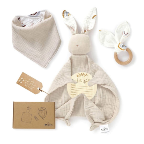 Organic Cotton Baby Gift Set - 4-Piece Muslin Bunny Lovey, Teether Ring, Bandana Bib & Wooden Announcement Card - Gender Neutral Newborn Gifts, Welcome Baby Box, Loveys for Babies