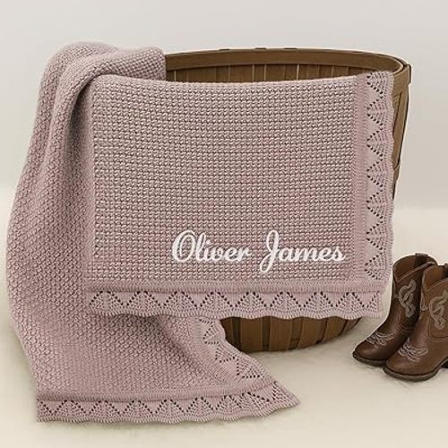 Personalized Baby Blanket with Embroidered Name- 100% Cotton Handmade Blanket, Custom 350GSM Knit Blankets for Newborn, Baby Gifts for Boy/Girl