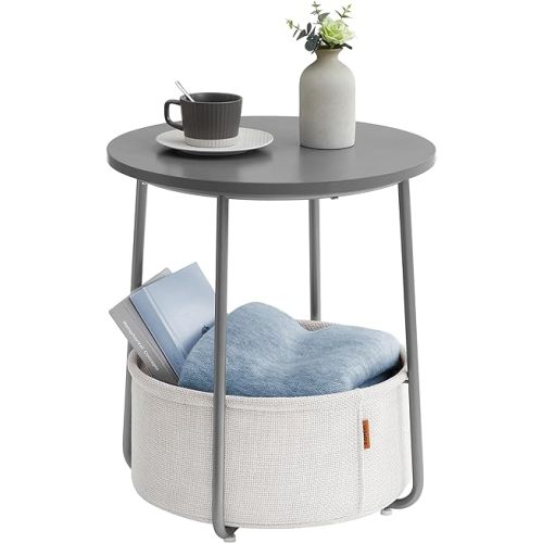 VASAGLE End Table, Small Bedside Table with Fabric Basket, Modern Nightstand, Round Side Table, for Living Room, Bedroom, Cement Gray and Cream White ULET223G49
