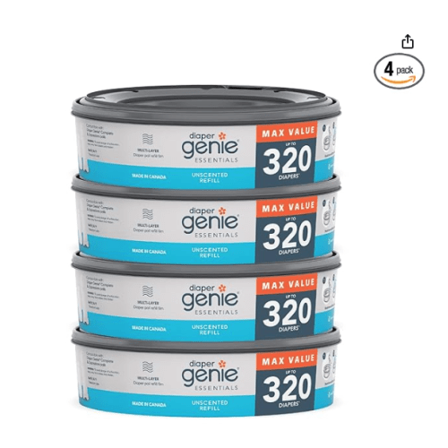 Diaper Genie Essentials Round Refill Pack of 4 | Holds Up to 1280 Newborn Diapers | Features Unscented Continuous Film | Compatible with Diaper Genie Complete and Expressions Pails
