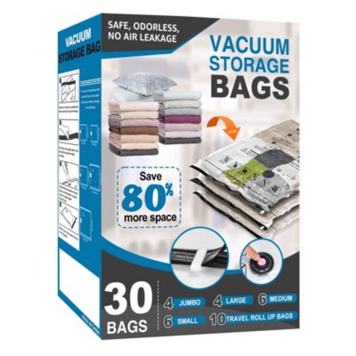 30 Pack Vacuum Storage Bags Space Saver Bags (4 Jumbo/4 Large/6 Medium/6 Small/10 Roll) Compression for Comforters and Blankets Sealer Clothes Storage