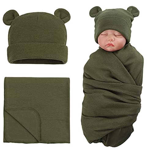 PESAAT Cotton Baby Swaddle Hat Set Newborn Infant Hats Receiving Blankets for Baby Boys Girls