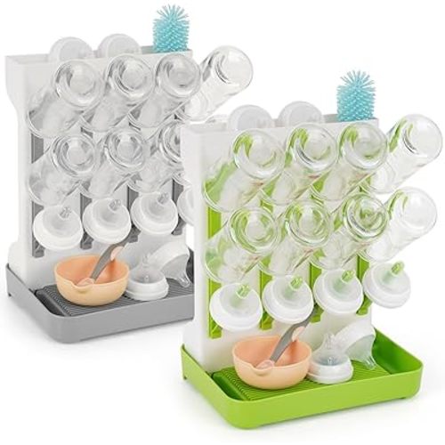 Baby Bottle Drying Rack, 2PCS Space Saving Baby Bottle Organizer for Countertop, Vertical Bottle Dryer Holder with Brushes Holder, Large Bottle Storage Holder 12 Bottles & Baby Accessories