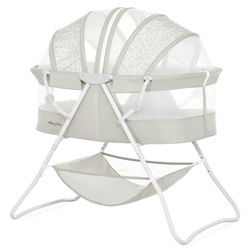 Dream On Me Karley Bassinet in Cool Grey, Lightweight Portable Baby Bassinet, Quick Fold and Easy to Carry , Adjustable Double Canopy, Indoor and Outdoor Bassinet with Large Storage Basket.