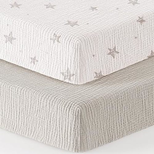 Bearmoss Muslin Mini Crib Sheets for Pack N Play Mattress - 100% Cotton - 38"x26" Soft Breathable Playard Baby Crib Sheets Neutral for Boys Girls - 2 Pack (White Star)