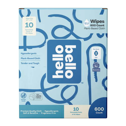Hello Bello Natural Baby Wipes, 600 Unscented Plant-Based Wipes, 10 Pouch Pack for Sensitive Skin