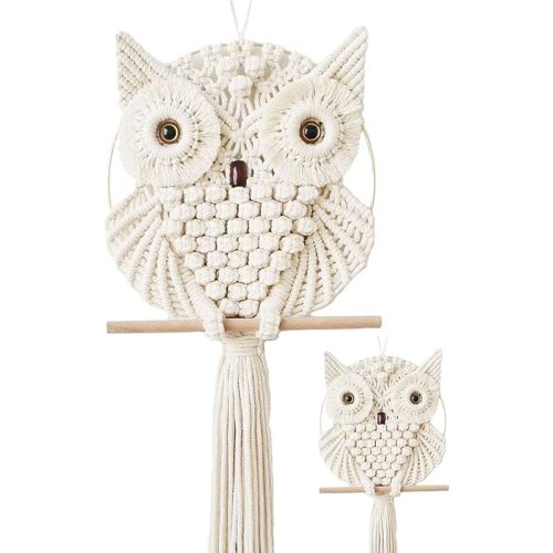 Achart Owl Macrame Wall Hanging-Hand Woven Boho Tapestry-Macrame Wall Decor -Owl Decor for Bedroom, Living Room, Nursery (Beige-L&S)