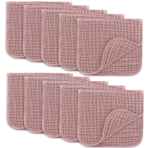 Comfy Cubs Muslin Burp Cloths Set Large 100% Cotton Hand Washcloths for Babies, Baby Essentials 6 Layers Extra Absorbent and Soft Boys & Girls Baby Bibs & Burp Cloths Set (Mauve, 10-Pack, 20" X10")
