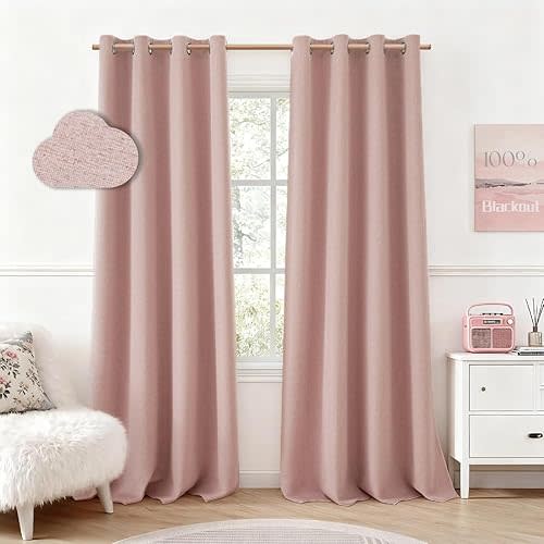HOMEIDEAS Blush Pink 100% Blackout Curtains 84 Inches Long, Thick Faux Linen/Linen Blend Textured Window Drapes, Cute Room Darkening Grommet Curtains for Girls Bedroom, Nursery, Living Room