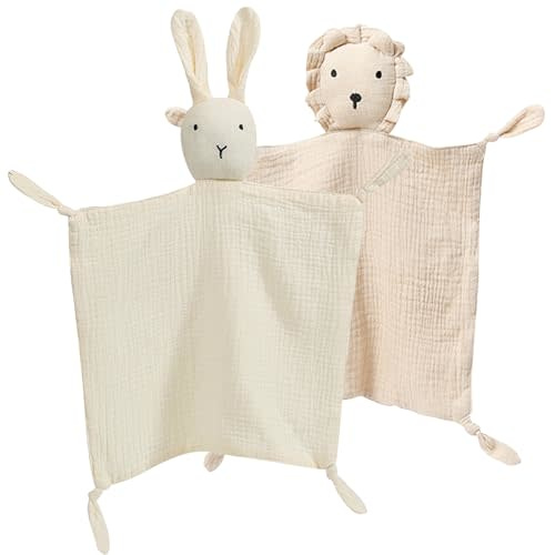 PEIPEIWU Organic Cotton Muslin Lovey Blanket, Organic Cotton Muslin Bunny Security Blanket Soft & Breathable Lovie Baby Gifts for Boys and Girls