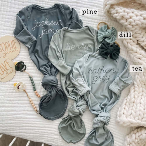 Personalized Stitched Newborn Baby Knot Gown | Forest Greens