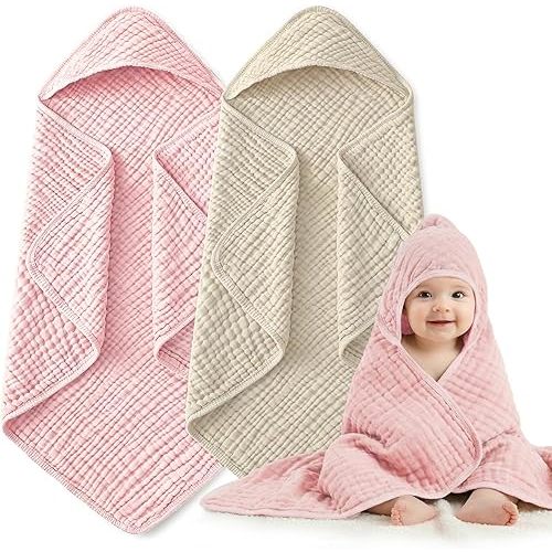 HUITAO Hooded Baby Bath Towels for Newborn 2 Pack – 6-Layer 100% Muslin Cotton Baby Towels with Hood for Babies, Infants & Toddlers – Large 32x32 Inch Soft Absorbent Unisex Newborn Bath Essentials