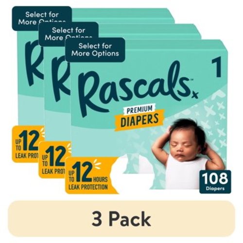 (3 pack) Rascals Premium Absorbent Baby Diapers Size 1, 108 Count (Select for More Options)
