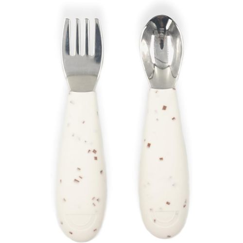 Yeah Baby Goods Silicone Toddler Fork & Spoon (Brown Speckle) - Easy Grip, Stainless Steel Kids Cutlery Set - Dishwasher Safe, Food Grade Silverware for Babies - Self-Feeding Toddler Utensils Set