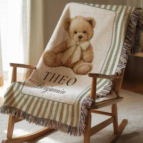 Custom Woven Teddy Bear Baby Blanket Striped Bear Blanket Personalized Bear Blanket Bear Nursery Blanket Newborn Custom Name Blanket for Boy