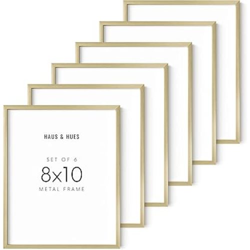 HAUS AND HUES 8x10 Frames Set of 6 - Metal 8x10 Picture Frames Set of 6, Frames Gold Photo Frames 8x10 Gold Frames 8x10 Picture Frame Set of 6 8x10 Picture Frames For Wall (Gold Aluminum Frames)