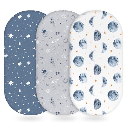 Unnivoll Baby Bassinet Sheets Girl Boy, Fitted Bassinet Sheet Set 3 Pack Bassinet Mattress Sheets Universal Fit for Rectangle, Round, Oval, Hourglass Mattress, Soft Breathable Grey & Blue Moon