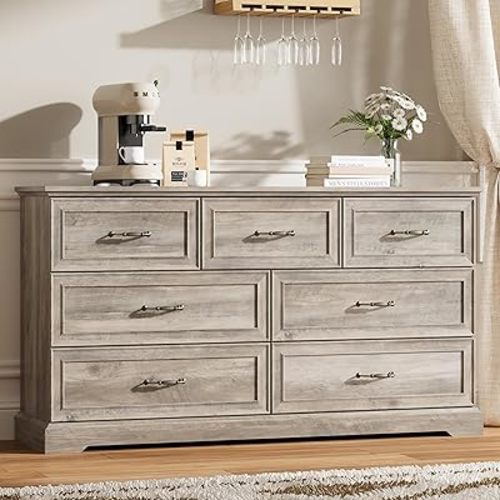 Grey Dresser 7 Drawer Dresser for Bedroom, 57" W Wood Chest of Drawers, Rustic Farmhouse Style with Large Drawers & Metal Handles, Modern Storage Organizer for Living Room, Hallway