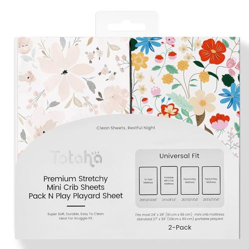 TotAha Buttery Soft Mini Crib Sheets Girl, Floral Pack N Play Mattress Sheets Hypoallergenic, Premium Jersey Playrad Sheets, Pink Flower Graco Pack and Play Sheets Fitted 2 Pack
