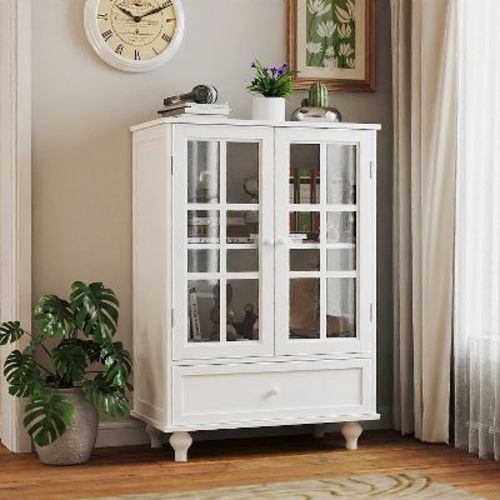 38 Inch Storage Cabinets, Wooden Floor Cabinet With 1 Drawer And 2 Glass Doors, Farmhouse Sideboard Buffet White