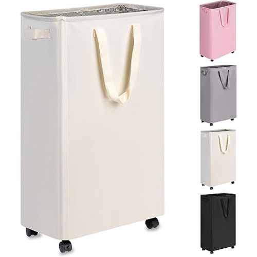 Slim Rolling Laundry Basket for Clothes, Bedroom & Dorm (Beige, 75L)