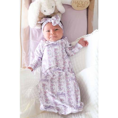 Violet Vines Personalized Newborn Baby Knot Gown