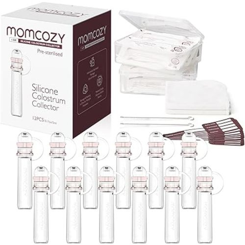 Momcozy Colostrum Collector Reusable Breast Milk Collector with Storage Case and Cotton Wipe, Portable Colostrum Container BPA Free, Multi-Use Collector 5ml-12pcs