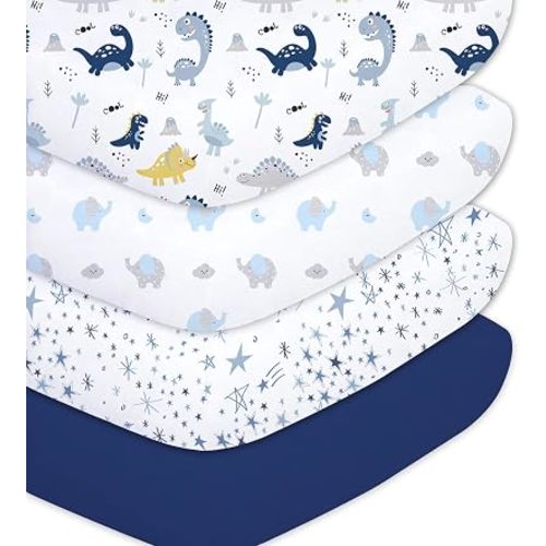 Plushii Crib Sheets for Boys,Baby Crib Sheets Fitted 4PK for Standard Crib and Toddler Bed Mattress,52"x28"Soft Breathable Microfiber Crib Mattress Cover with Cute Patterns, Animals Under Blue Stars